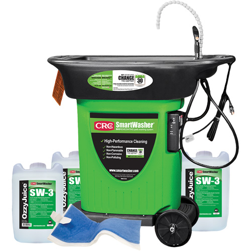SmartWasher SW-323 Mobile Parts Washer Kit, Overall Height, 50", Overall Width, 48", Overall Depth, 42", Includes, (1) SW-23 SmartWasher® Unit; (3) 5-Gallon jugs of OzzyJuice® SW-3 Truck Grade Degreasing Solution; (1) FL-4 OzzyMat® Multi-Layer Fluid Activation Mat, Voltage, 110 V