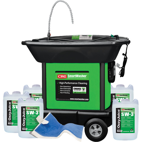 SmartWasher SW-337 Mobile Heavyweight Part Washer Kit, Overall Height, 55", Overall Width, 48", Overall Depth, 42", Includes, (1) SW-37 SmartWasher® Unit; (5) 5-Gallon jugs of OzzyJuice® SW-3 Truck Grade Degreasing Solution; (1) FL-4 OzzyMat® Multi-Layer Fluid Activation Mat, Voltage, 110 V