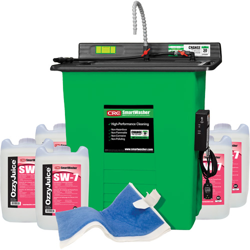 SmartWasher SW-725 Signature Parts Washer Kit, Overall Height, 42", Overall Width, 46", Overall Depth, 48", Includes, (1) SW-25 SmartWasher® Unit; (5) 5-Gallon jugs of OzzyJuice® SW-7 Parts/Brake Cleaning Solution; (1) FL-4 OzzyMat® Multi-Layer Fluid Activation Mat, Voltage, 110 V