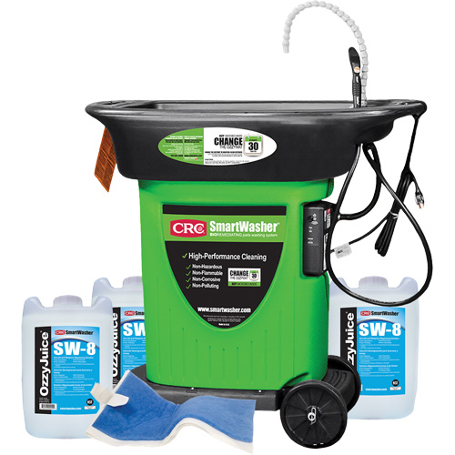SmartWasher SW-823 Mobile Parts Washer Kit, Overall Height, 50", Overall Width, 48", Overall Depth, 42", Includes, (1) SW-23 SmartWasher® Unit; 3 5-Gallon jugs of OzzyJuice® SW-8 Aircraft; Weapons & Select Metals Degreasing Solution; (1) FL-4 OzzyMat® Multi-Layer Fluid Activation Mat, Voltage, 110 V