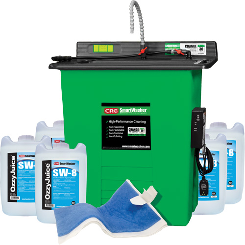 SmartWasher SW-825 Signature Parts Washer Kit, Overall Height, 41", Overall Width, 39", Overall Depth, 29", Includes, (1) SW-25 SmartWasher® Unit; (5) 5-Gallon jugs of OzzyJuice® SW-8 Aircraft; Weapons & Select Metals Degreasing Solution; (1) FL-4 OzzyMat® Multi-Layer Fluid Activation Mat, Voltage, 110 V