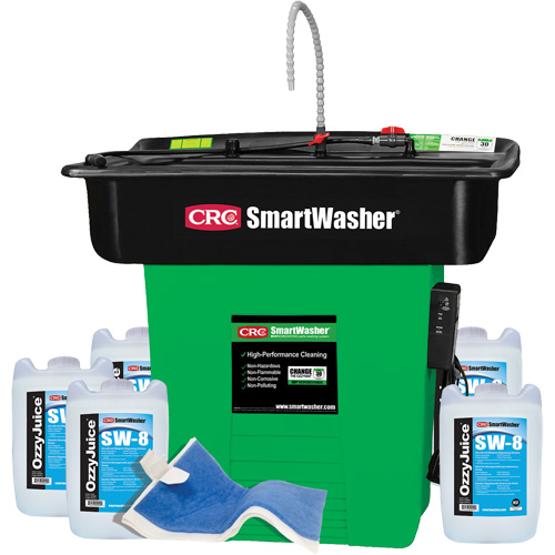 SmartWasher SW-828 SuperSink Parts Washer Kit, Overall Height, 42", Overall Width, 53", Overall Depth, 48", Includes, (1) SW-28 SmartWasher® Unit; (5) 5-Gallon jugs of OzzyJuice® SW-8 Aircraft; Weapons & Select Metals Degreasing Solution; (1) FL-4 OzzyMat® Multi-Layer Fluid Activation Mat, Voltage, 110 V
