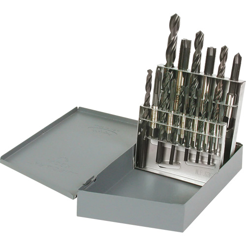 Hand Tap & Drill Set, No. of Pieces, 18, Includes, 2.05 mm; 2.5 mm; 2.9 mm; 3.3 mm; 4.2 mm; 5 mm; 6.7 mm; 8.5 mm;  10.2 mm; M2.5 x 0.45; M3 x 0.5; M3.5 x 0.6; M4 x 0.7; M5 x 0.8; M6 x 1; M8 x 1.25; M10 x 1.5; M12 x 1.75; Metal case, Drill Bit Material, High Speed Steel