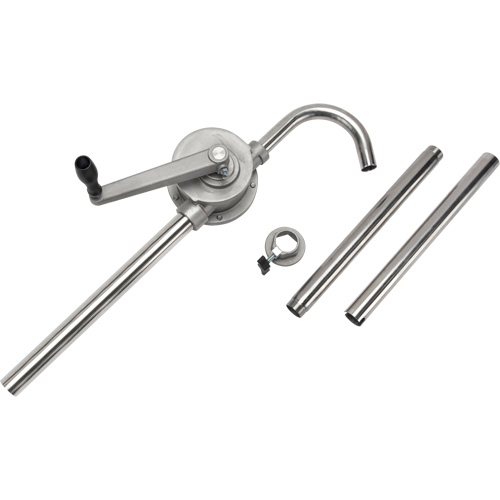 Rotary Type Drum Pump, Transfer Rate, 12 oz./Stroke, Fits Gallon Size, 55 Gal., Body Material, Stainless Steel, Adaptor Type, 2" Bung, Manufacturer's Warranty, 1 Year Limited, Wetted Components, 304 Stainless Steel, PFTE