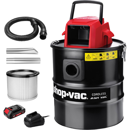 Cordless Ash Vacuum, Voltage, 20 V, Tank Capacity, 5 gal., Battery Type, Lithium-Ion, Hose Length, 4', Includes, (1) Metal Intake Nozzle; (1) Metal Crevice Tool; (1) Cartridge Filter; (1) Battery; (1) Battery Charger