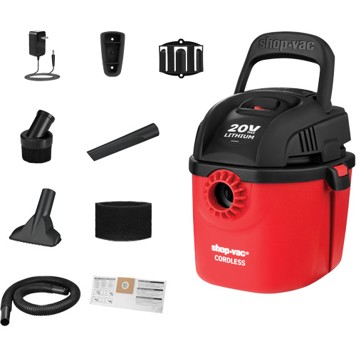 Cordless Wet/Dry Vacuum, Voltage, 20 V, Tank Capacity, 1 gal., Battery Type, Lithium-Ion, Hose Length, 4', Battery Runtime, 15 min.