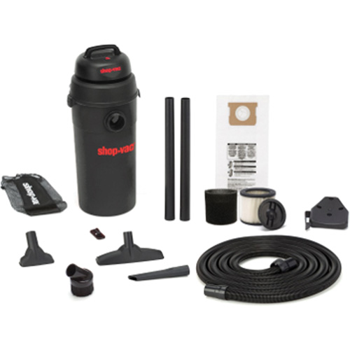 5.5 PHP Hang Up Wet/Dry Vacuum, Type, Wet-Dry, Material, Plastic, Tank Capacity, 5 US Gal. (18.9 Litres), Peak HP, 5.5 HP, Hose Length, 18', Includes, (1) 18' x 1-1/4" Secure Lock On Hose; (2) Extension Wands; (1) 10" Wet/Dry Nozzle; (1) Gulper Nozzle; (1) Crevice Tool; (1) Round Brush; (1) Cartridge Filter; (1) Foam Sleeve; (1) Collection Bag; (1) Wall Mount Bracket; (1) Tool Storage Bag