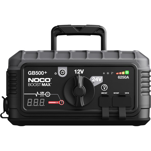 GB500+ Boost® Max™ Jump Starter, Includes, GB500+ Lithium Battery Jump Starter; Boost Max 24-Inch 2/0 AWG Connectors; 56-Watt XGC Power Adapter; 12-Volt Female Plug 12-Volt Male Plug; 12-Volt 2-Foot XGC Cable; Protective Carrying Case; User Guide & Warranty Information, Starting Current, 6250 Amps (Peak)