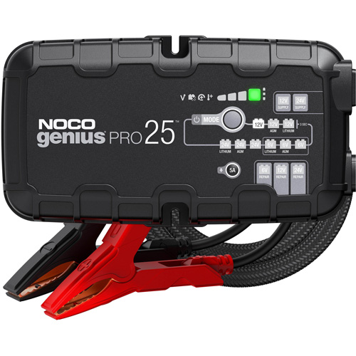 Genius® Pro25™ 25-Amp Battery Charger, Includes, (1) GENIUSPRO25 Battery Charger w/ Interchangeable Connectors; (1) Genius HD Clamps w/ Integrated Eyelets; (1) 10’ Extension Cord; (1) EVA Case; (2) Self-Tapping Screws; (4) Type A, C, G, and I Power Cables; (1) User Guide & Warranty Information, Line Voltage, 100V to 240V AC