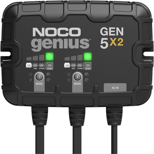 Genius® Gen5X2 2-Bank, 10-Amp On-Board Battery Charger, Includes, (1) GEN5X2 On-Board Battery Charger; (2) Self-Tapping Screws; (1) User Guide & Warranty Information, Line Voltage, 120V to 240V AC