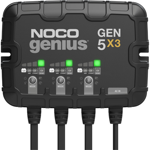 Genius® Gen5X3 3-Bank, 15-Amp On-Board Battery Charger, Includes, (1) GEN5X3 On-Board Battery Charger; (2) Self-Tapping Screws; (1) User Guide & Warranty Information, Line Voltage, 120V to 240V AC