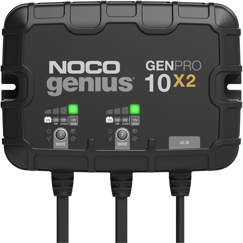 Genius® GenPro10X2 2-Bank, 20-Amp On-Board Battery Charger, Includes, (1) GENPRO10X2 On-Board Battery Charger; (2) Self-Tapping Screws; (1) User Guide & Warranty Information, Line Voltage, 120V to 240V AC