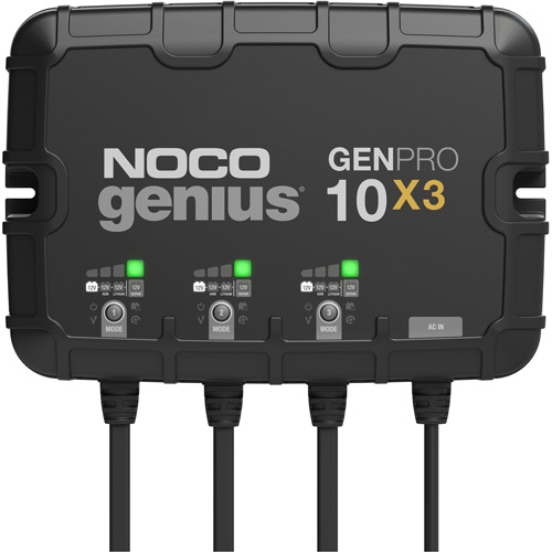 Genius® GenPro10X3 3-Bank, 30-Amp On-Board Battery Charger, Includes, (1) GENPRO10X3 On-Board Battery Charger; (2) Self-Tapping Screws; (1) User Guide & Warranty Information, Line Voltage, 120V to 240V AC
