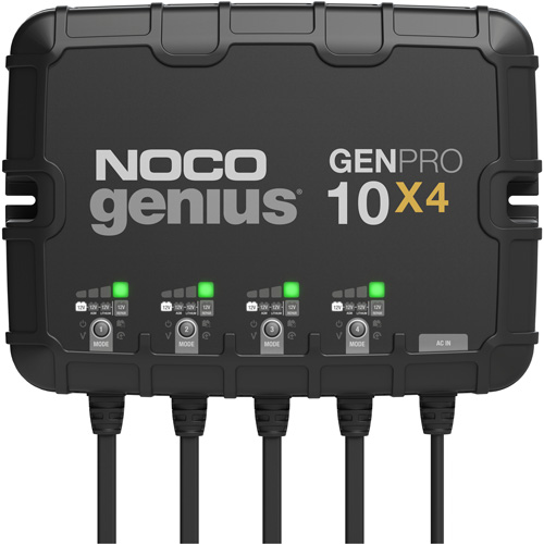 Genius® GenPro10X4 4-Bank, 40-Amp On-Board Battery Charger, Includes, (1) GENPRO10X4 On-Board Battery Charger; (2) Self-Tapping Screws; (1) User Guide & Warranty Information, Line Voltage, 120V to 240V AC