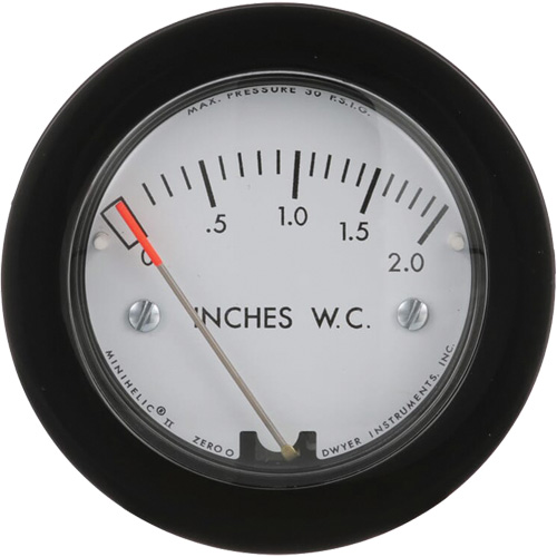 Minihelic® II Differential Pressure Gauge, Dial Diameter, 2-1/16", Pressure Range, 0 - 5 in. w.c., Connection, Panel Mount, Dial Type, Analogue, Lens Material, Acrylic