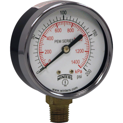 Economy Pressure Gauge, Dial Diameter, 2-1/2", Pressure Range, 0 - 200 psi, Connection, Bottom Mount, Dial Type, Analogue, Connection Thread, 1/4" NPT, Accuracy, ±3-2-3% ANSI/ASME Grade B