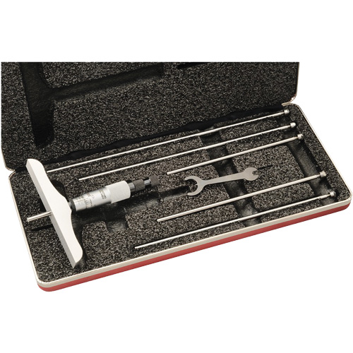 445 Series Depth Micrometer, Range, 0" - 6", Ratchet Stop, With Ratchet Stop, Base Length, 4" (100 mm), Measuring Rod Diameter, 5/32" (4 mm)