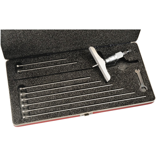 445 Series Depth Micrometer, Range, 0" - 9", Ratchet Stop, With Ratchet Stop, Base Length, 4" (100 mm), Measuring Rod Diameter, 5/32" (4 mm)