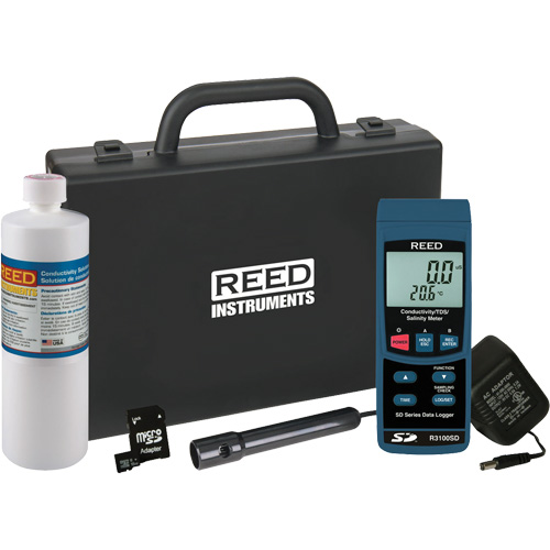 Conductivity Meter Kit, Type, Hand Held, Display, Digital, Measurement Range, 0 æS/cm - 200 æS/cm/0 mS/cm - 2 mS/cm/0 mS/cm - 20 mS/cm/0 mS/cm - 200 mS/cm, Resolution, 0.1 æS/cm/0.001 mS/cm/0.01 mS/cm/0.1 mS/cm, Soft Range, 0 to 12% Salt (% Weight)