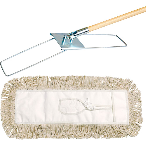 Break-Ezy Dust Mop System, Style, Tie-On, Length, 36", Width, 5", Material, Cotton, Handle Length, 60", Handle Material, Wood