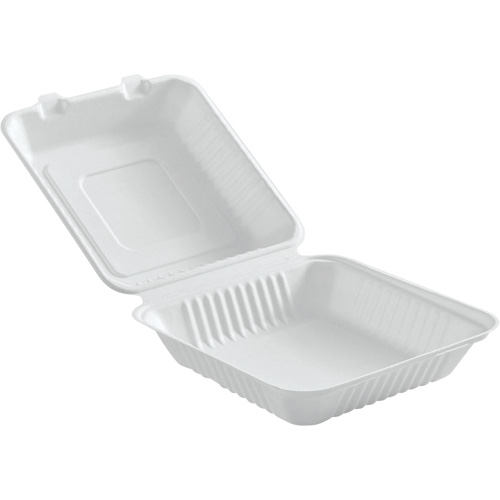 Compostable Hinged Food Containers, Style, Square, Material, Bagasse, Dimensions, 6" x 6" x 3", Colour, White