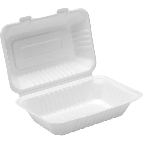 Compostable Hinged Food Containers, Style, Recantgular, Material, Bagasse, Dimensions, 9" x 6" x 3", Colour, White