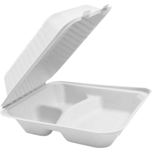 Compostable Hinged Food Containers with Compartments, Style, Square, Material, Bagasse, Dimensions, 6" x 6" x 3", Colour, White