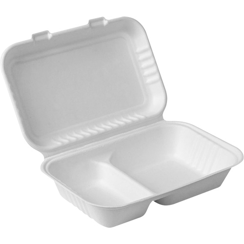 Compostable Hinged Food Containers with Compartments, Style, Recantgular, Material, Bagasse, Dimensions, 9" x 6" x 3", Colour, White