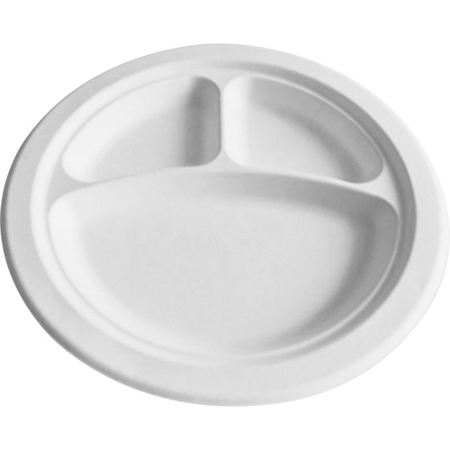 Compostable Plates with Compartments, Size, 9", Material Type, Bagasse, Depth, 0.75", Colour, White