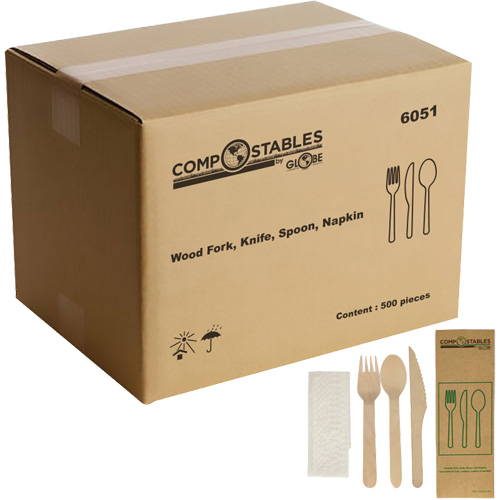 Wood Cutlery Set in Paper Bag, Includes, Fork; Knife; Spoon; Napkin, Cutlery Length, 6.5"