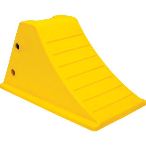 Wheel Chocks with Aluminum Tread, Material, Polyurethane, Max. Tire Diameter, 46", Width, 11-1/4", Colour, Safety Yellow, Weight, 16.5 lbs., Base Configuration, Aluminum Ice Cleat