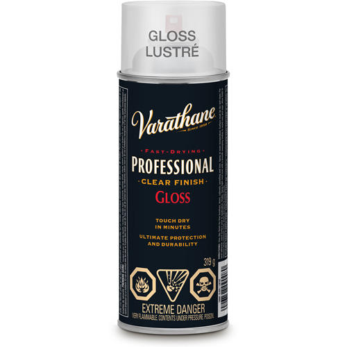 Varathane® Professional Finish, Container Type, Aerosol Can, Size, 319 g, Container Size, 340 g, Finish, Gloss, Colour Name, Clear, Recoat Time, 3 Hours (3 Coats in 1 Day)