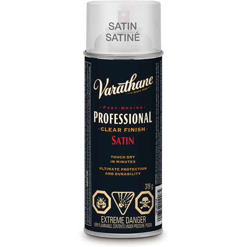 Varathane® Professional Finish, Container Type, Aerosol Can, Size, 319 g, Container Size, 340 g, Finish, Satin, Colour Name, Clear, Recoat Time, 3 Hours (3 Coats in 1 Day)
