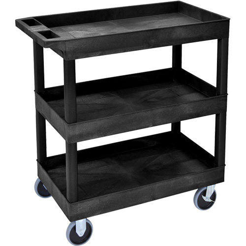 Tub Cart, No. of Shelves, 3, Capacity, 375 lbs., Cart Material, Plastic, Overall Width, 35-1/4", Shelf Dimensions, 32" W x 18" D, Tray Depth, 2.5"