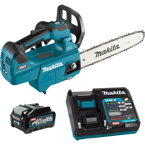 XGT Cordless Brushless Top Handle Chainsaw, Engine Power, 40 V, Bar Length, 12", Weight, 9.8 lbs., Operating Type, Battery Powered, Includes, Chainsaw; 40V Max Li-Ion Battery (BL4040); Rapid Charger (DC40RA); Battery Cover (412393-7); 12" Chain (191H01-8); 12" Guide Bar (191G15-1); Chain Cover (419288-5); Spike Bumper (346809-9); Wrench 13-16 (782023-7); Oil Supply (199897-3), Chain Pitch, 3/8"