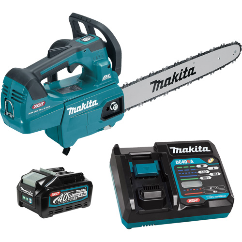 XGT Cordless Brushless Top Handle Chainsaw, Engine Power, 40 V, Bar Length, 16", Weight, 9.8 lbs., Operating Type, Battery Powered, Includes, Chainsaw; 40V Max Li-Ion Battery (BL4040); Rapid Charger (DC40RA); Battery Cover (412393-7); 16" Chain (191H03-4); 16" Guide Bar (191G17-7); Chain Cover (419242-9); Spike Bumper (346809-9); Wrench 13-16 (782023-7); Oil Supply (199897-3), Chain Pitch, 3/8"