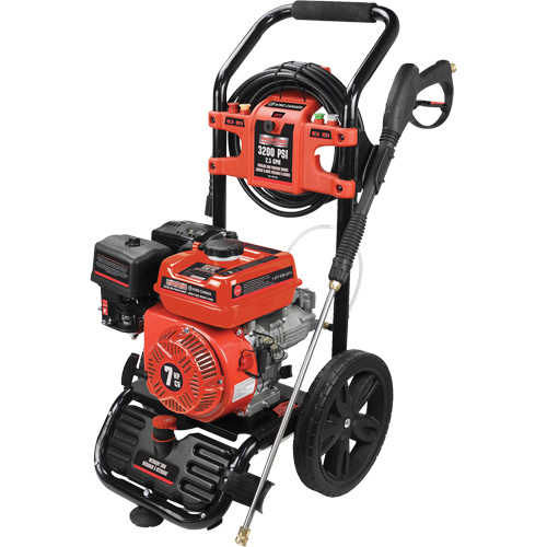 High Pressure Washer, Pump Pressure, 3200 PSI, Flow Rate, 2.5 GPM, Engine Power, 7 HP, Hose Length, 30', Includes, High pressure washer,  0°,  15° , 25°,  40°; Detergent quick-connect nozzles, Displacement, 212 CC