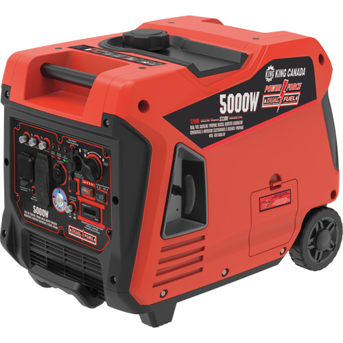 Dual Fuel Gasoline/Propane Inverter Generator, Fuel Tank Capacity, 12 L, Weight, 110 lbs., Overall Height, 20", Overall Width, 16-1/2", Includes, Propane tank connection cable; NEMA L5-30P/NEMA TT30R RV adaptor; remote control; 12V battery; spark plug socket and funnel, AC Outputs (120V) Gasoline/Propane, 30.8 Amp./27.5 Amp.