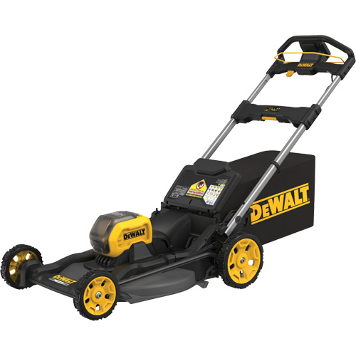 60V MAX* Cordless Brushless Mower Kit, Operating Type, Battery Powered, Includes, (1) DCMWP600X2 DEWALT 60V MAX* Cordless Brushless Push Mower Kit; (2) DCB609 Batteries; (2) DCB1104 A Chargers; (1) Bagger; (1) Rear Side Discharge Chute; (1) Mulch Plug