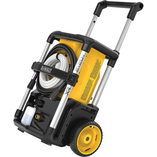 2X20V MAX* Brushless Pressure Washer Kit with FLEXVOLT®, Pump Pressure, 1600 PSI, Flow Rate, 1.2 GPM, Hose Length, 25', Includes, (1) DCPW1600 Pressure Washer; (2) FLEXVOLT DCB612 12.0Ah Battery; (2) Chargers; (1) 25ft High Pressure Hose; (1) 10ft Suction Hose; (1) Turbo Nozzle; (1) 15 Degree Nozzle; (1) 25 Degree Nozzle; (1) 40 Degree Nozzle; (1) High Pressure Foam Cannon, Max. Flow Rate (When Used with Soap Bottle), 1.4 GPM @ 470 PSI