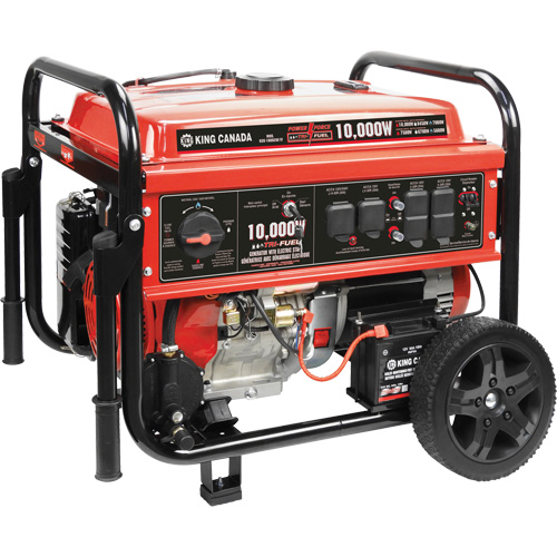 Tri-Fuel Generator with Electric Start, Fuel Tank Capacity, 25 L, Overall Height, 25-3/8", Overall Width, 28-1/2", Includes, Propane tank and natural gas connection cables; 12V battery; Spark plug socket, Run time (50% / 25% load), 11 hrs / 17 hrs