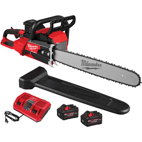 Fuel™ 20" Dual Battery Chainsaw Kit, Engine Power, 5.8 HP, Weight, 19.9 lbs., Operating Type, Battery Powered, Includes, M18 FUEL™ Dual Battery Chainsaw (2827-22), (2) REDLITHIUM™ FORGE™ XC8.0 Batteries (48-11-1881), M18™ Simultaneous Dual Bay Rapid Charger (48-59-1802), Scabbard, and Scrench, Handle Type, Rear