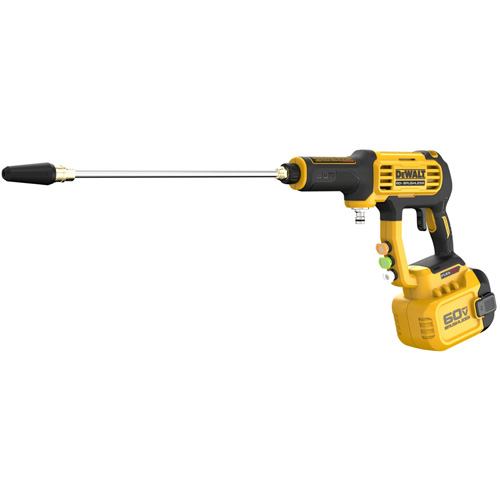 60V MAX* Cordless Power Cleaner Kit, Pump Pressure, 1000 psi, Operating Type, Battery Powered, Includes, (1) DCPW1000 Power Cleaner; (1) FLEXVOLT DCB609 9.0Ah Battery; (4) Charger; (1) Long wand with quick connect; (1) Nozzle Set (Turbo, 15ø, 25ø, 40ø); (1) Foam cannon; (1) Shoulder strap; (1) Suction hose; (1) Quick connect hose adapter; (1) Mesh storage bag, Manufacturer's Warranty, 3 Year Limited Warranty