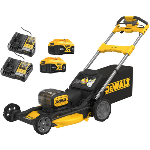2X20V MAX* XR® 21 in. Brushless Cordless RWD Lawn Mower Kit, Operating Type, Battery Powered, Cutting Width, 21", Includes, (1) DCMWSP256U2 Cordless RWD Self-Propelled Mower; (2) DCB210 Batteries; (2) DCB1104 Chargers; (1) Bagger; (1) Rear Side Discharge Chute; (1) Mulch Plug, Manufacturer's Warranty, 3 Year Limited Warranty, 1 Year Free Service, 30 Days Satisfaction Guaranteed