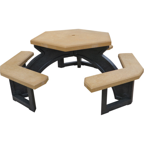 Recycled Plastic Hexagon Picnic Tables, Shape, Hexagonal, Frame Colour, Black, Table Top Colour, Cedar, Colour, Cedar, Weight, 295 lbs.