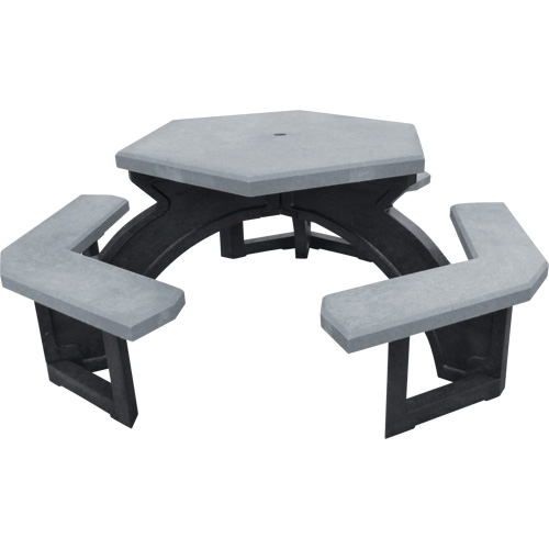 Recycled Plastic Hexagon Picnic Tables, Shape, Hexagonal, Frame Colour, Black, Table Top Colour, Grey, Colour, Grey, Weight, 295 lbs.
