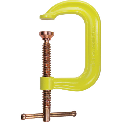 Regular-Duty Deep Throat C-Clamp, Clamping Capacity, 4" (102 mm), Throat Depth, 3-1/4" (83 mm), Clamping Force, 6200 lbs., Weight, 3.5 lbs.