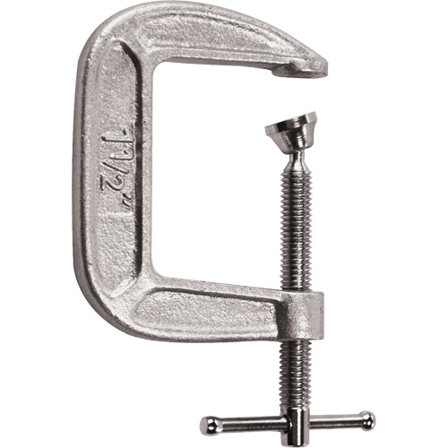 Light-Duty C-Clamp, Clamping Capacity, 1-1/2" (38 mm), Throat Depth, 1-1/2" (38 mm), Clamping Force, 750 lbs., Weight, 0.3 lbs.