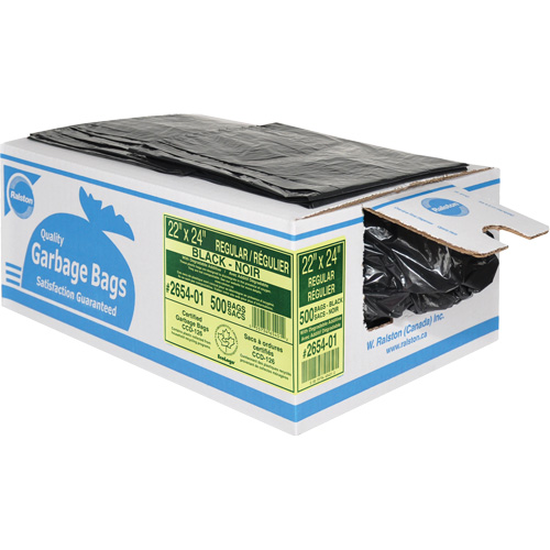 2600 Series Industrial Garbage Bags, Strength, Regular, Dimensions, 24" W x 22" L, Qty/Pkg., 500, Colour, Black