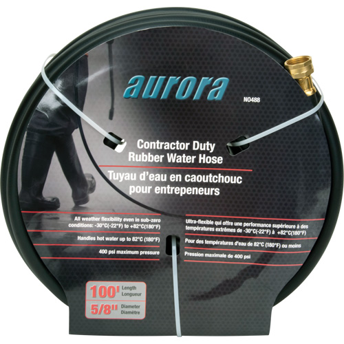 Contractor Duty Rubber Hose, Hose Diameter, 5/8", Hose Length, 100', Hose Material, Rubber, Couplings, Brass, Manufacturer's Warranty, 1 Year Limited